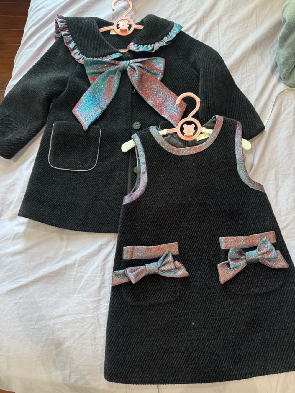 Black Girls Dress and Coat Set with Shimmer purple Blue Trim